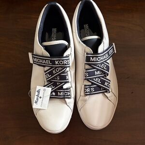 Size 7 1/2 Michael Kors White Leather Sneakers with Black Logo Straps-New